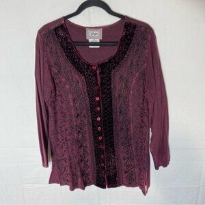 Vintage Yaya Burgundy Boho Scoop Neck Button Front Embroidered Top M